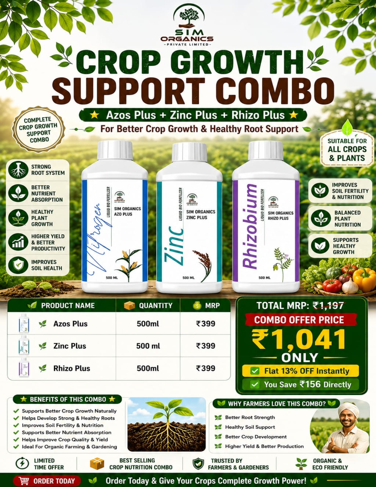 CROP GROWTH SUPPORT COMBO 
✨ Azos Plus + Zinc Plus + Rhizo Plus For Better Crop Growth & Healthy Root Support ✨