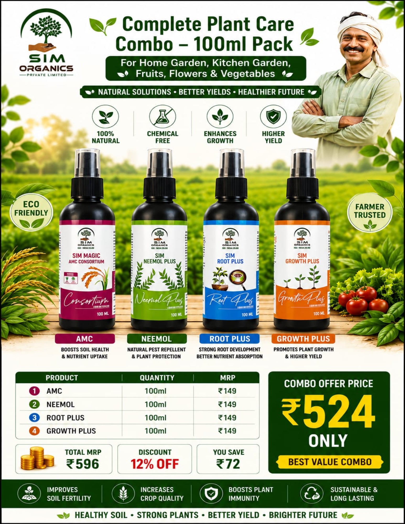 Sim Organics plant care combo with four bottles